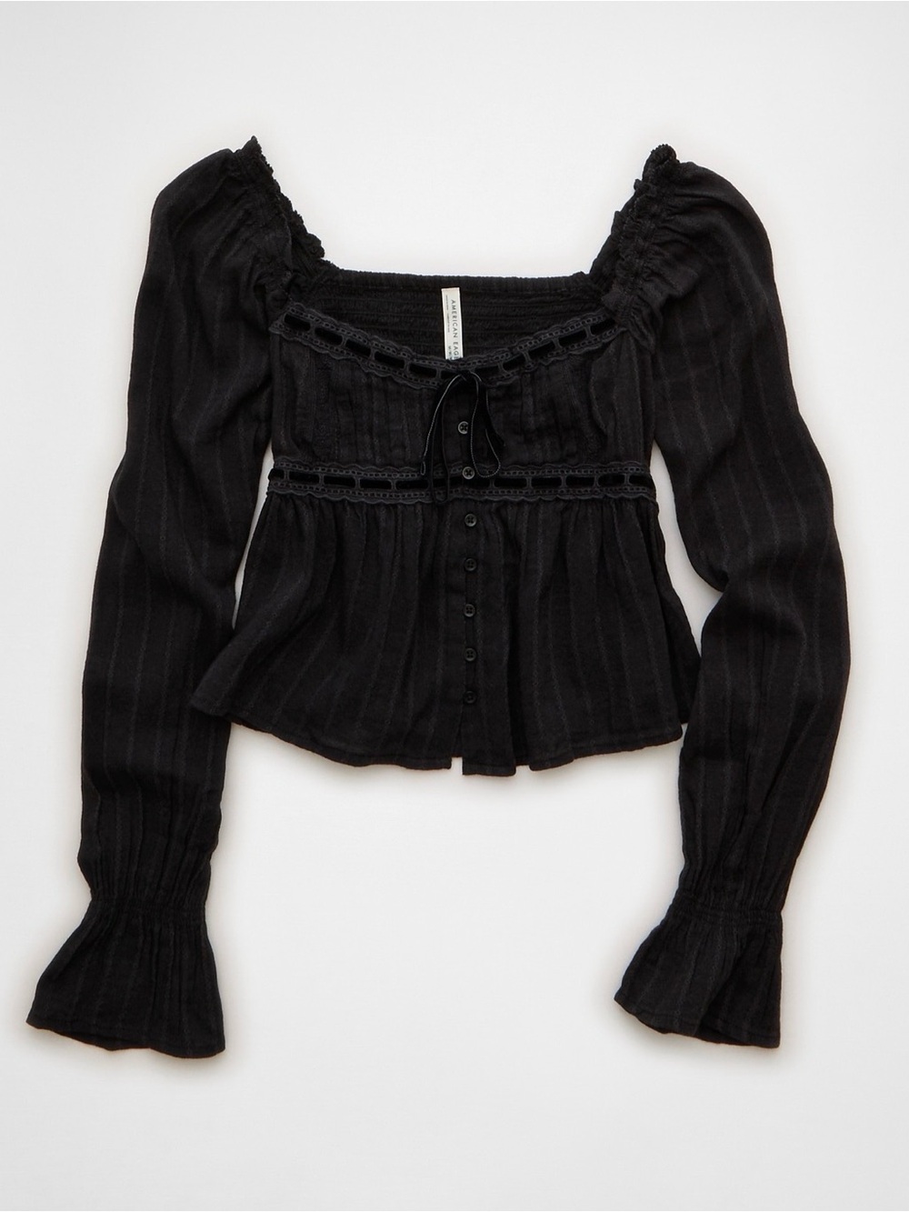 NWT American Eagle Black Empire Waist Square Neck Babydoll Blouse size L